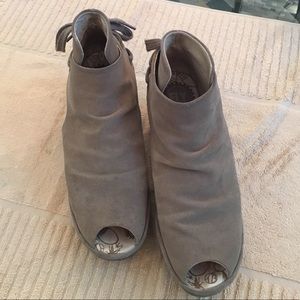 Fly London tan suede peep toe bootie size 10